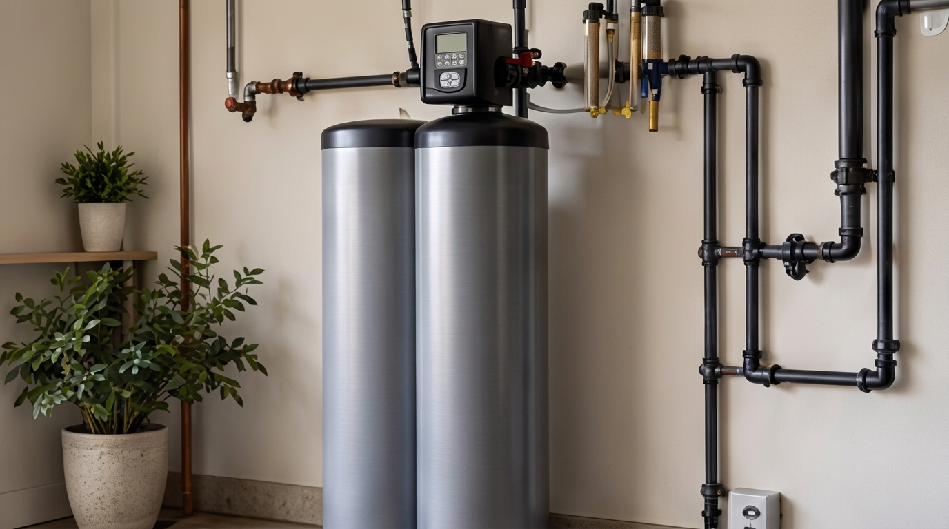 Whole-home water softener and filtration system installed with piping