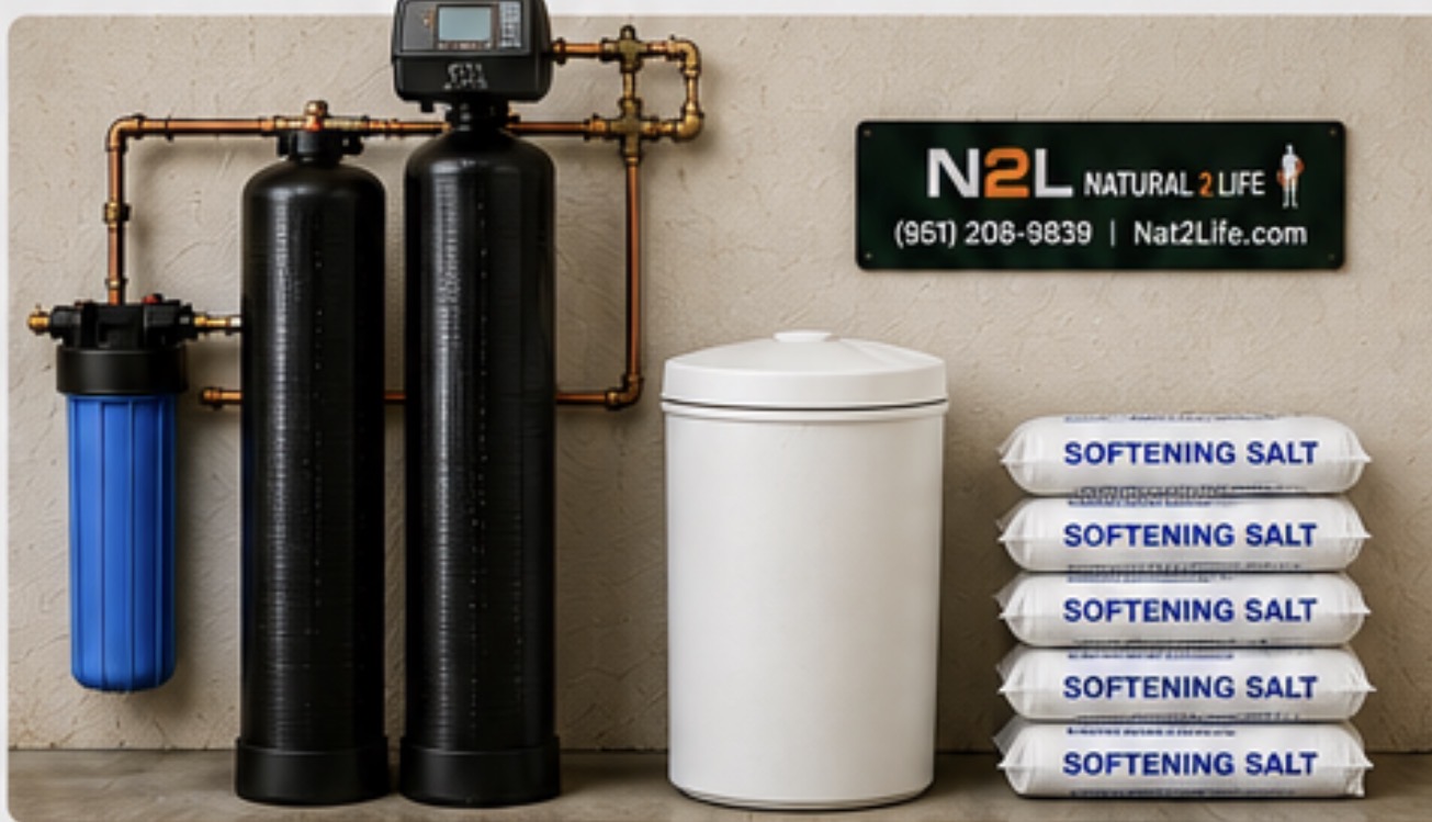 Salt-based whole home water softener with twin resin tanks and brine tank in a garage