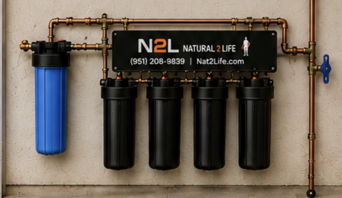 Four stage non-salt whole home water filtration system installed on a garage wall
