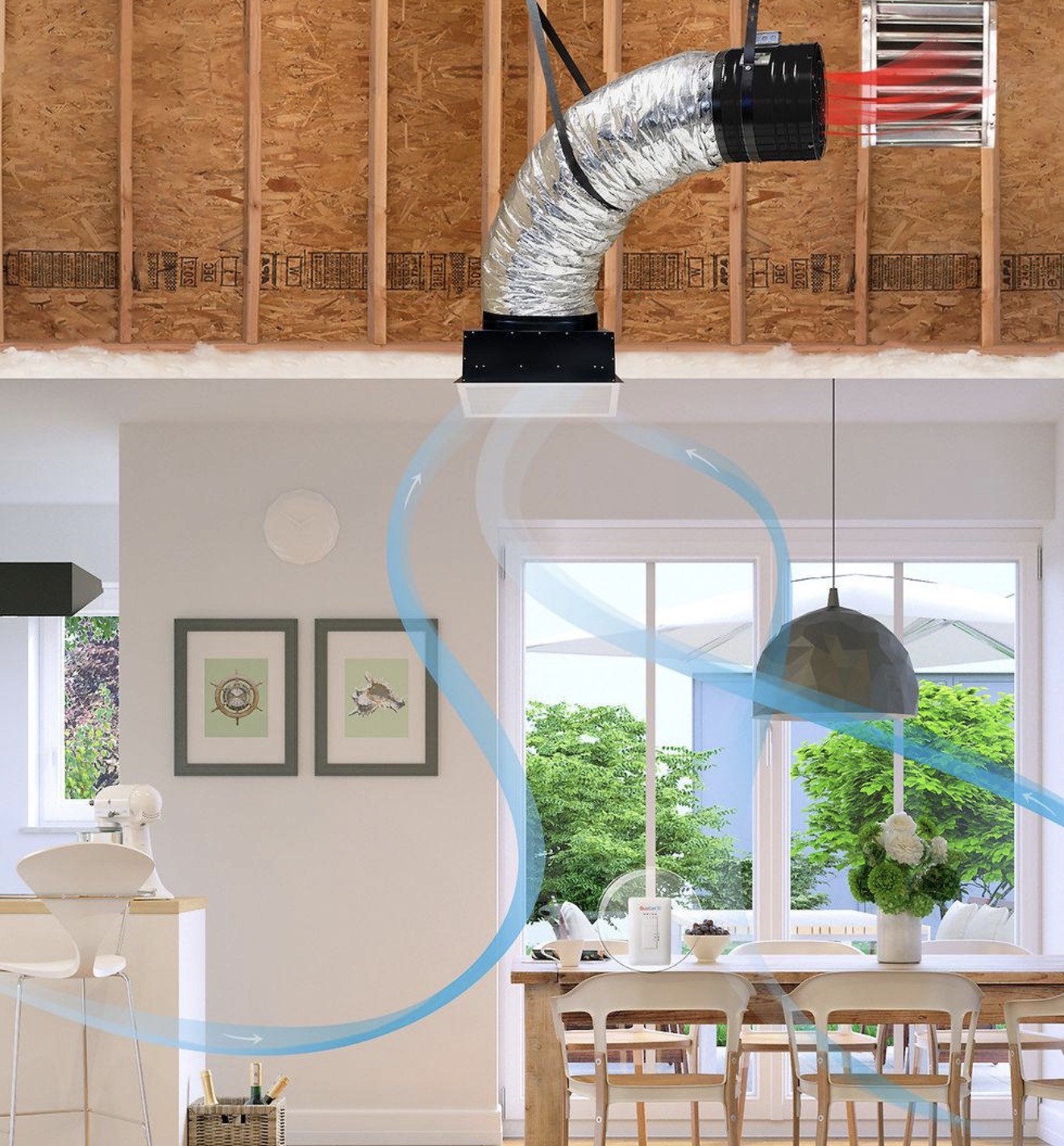 Airflow moving through a home from open windows to the attic-mounted fan