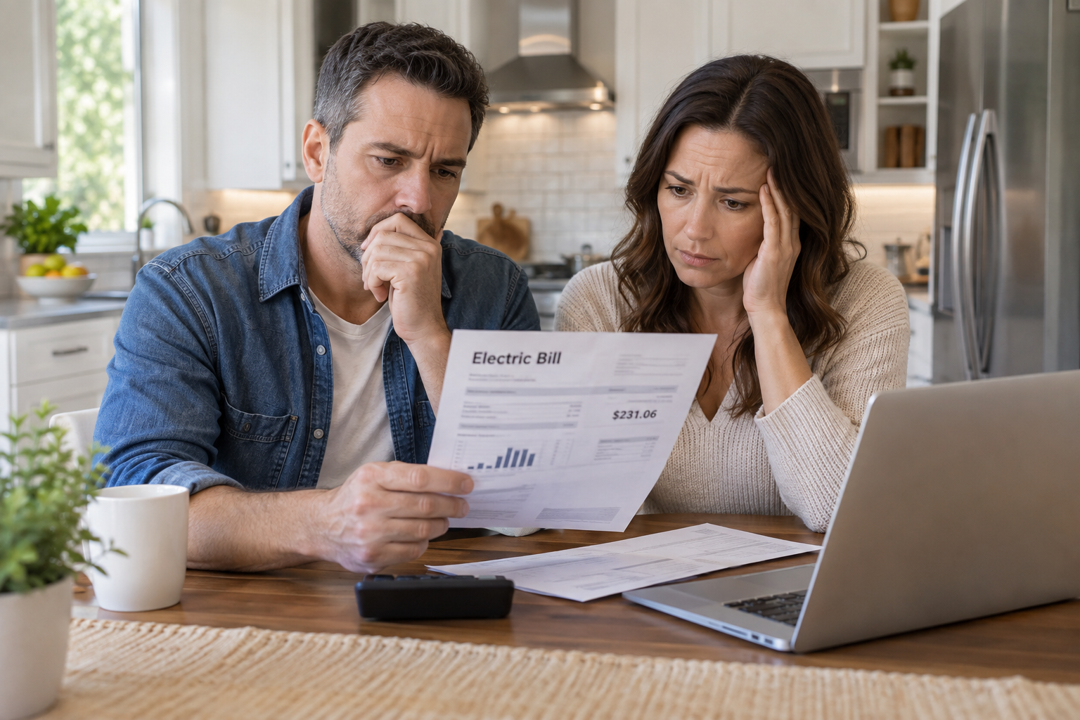 Couple reviewing a high electric bill at their kitchen table
