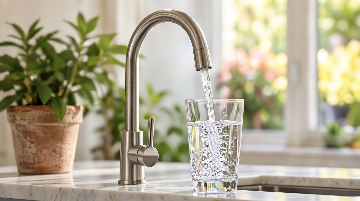 Kitchen faucet filling a glass with clear drinking water